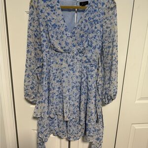 Floral Blue and White Long Sleeve Dress